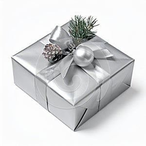 Silver Wrapped Christmas Gift with Ornament and Pine Branch on White