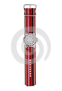 silver wrist watch with red striped wristband isolated on white background