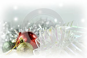 Silver xmas ornaments on bright holiday background with space for text. Merry christmas! Happu New Year.