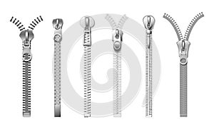 Silver zippers. Isolated realistic metal pull. Cloth fasteners, accessories for jeans, bags, coats and boots. Garments