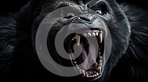 Silverback - adult male of a gorilla face. A gorilla appears to be angry, mouth open, yawning