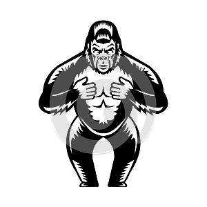 Silverback Gorilla Beating Chest Woodcut