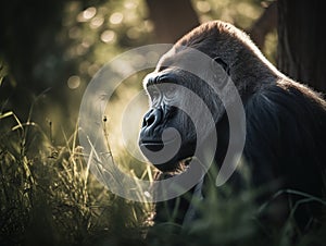 Silverback gorilla resting in tall grass. Close-up portrait.