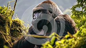 A silverback mountain gorilla in a rainforest. Generative Ai