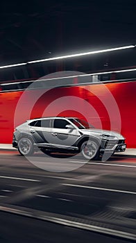 A silvergray suv sped down the track photo