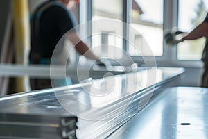 silvermetal table, professionals fitting window frames, softly out of focus