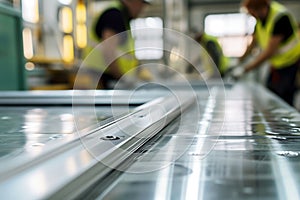silvermetal table, professionals fitting window frames, softly out of focus