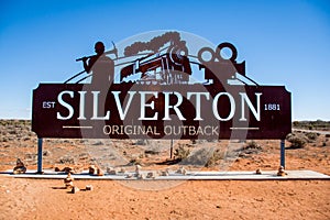 Welcome road sign on entrance to historical town of Silverton located near Broken Hill in