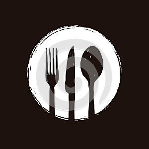 Silverware black icon, fork spoon and knife in doodle style
