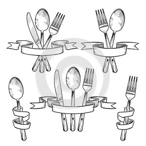 Silverware, cutlery, dinner table utensils. Knife, spoon and fork in retro banner ribbons hand drawing set. Kitchen