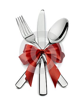 Silverware with red bow design element Valentine isolated