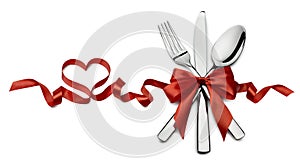 Silverware in red Valentine ribbon heart shape horizontal isolated