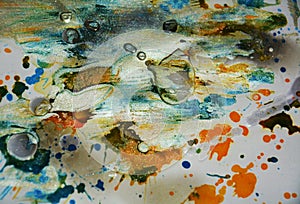 Silvery blue orange dark watercolor waxy splashes, abstract creative background