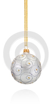 Silvery decorations Christmas ball hanging on golden braid Isolated