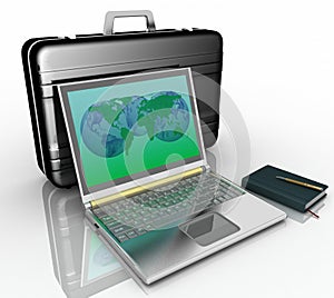 Silvery laptop, notepad and pen with black brief-case