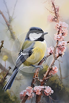 Silvery Spring Romance: A Monochromatic Bird\'s Warm Greeting on photo