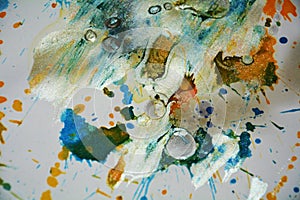 Silvery white green pastel gray orange dark watercolor waxy splashes, abstract creative background