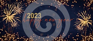 Silvester 2023 Happy New year New Year`s Eve Party background banner panorama long- Frame made of firework fireworks on rustic