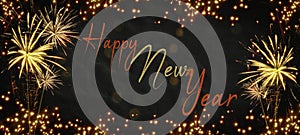 Silvester 2023 Happy New year New Year`s Eve Party background banner panorama long- Frame made of firework fireworks on rustic