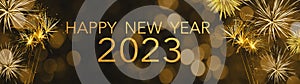 Silvester 2023 Happy New Year, New Year`s Eve Party background banner panorama long greeting card - Golden firework fireworks on