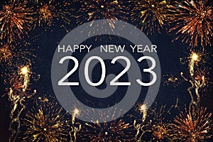 Silvester 2023 Happy New year, New Year`s Eve Party celebration holiday background- Frame made of firework fireworks on dark blue