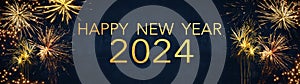 Silvester 2024 Happy New Year, New Year`s Eve Party background banner panorama long greeting card - Golden firework fireworks on