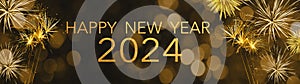 Silvester 2024 Happy New Year, New Year`s Eve Party background banner panorama long greeting card - Golden firework fireworks on
