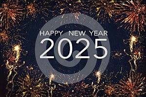 Silvester 2025 Happy New year, New Year`s Eve Party celebration holiday background- Frame made of firework fireworks on dark blue