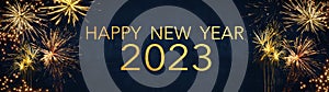 Silvester 2023 Happy New Year, New Year`s Eve Party background banner panorama long greeting card - Golden firework fireworks on