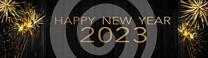 Silvester 2023 Happy New Year, New Year`s Eve Party background banner panorama long greeting card - Golden firework fireworks on