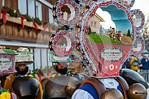 Silvesterchlausen or New Year Mummers in traditional costumes celebrating New Year in Urnasch. Appenzell, Switzerland