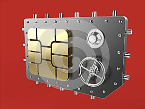 Sim card as vault safe, mobile online connectivity security concept. high safety level metaphor, web protection