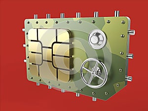 Sim card as vault safe, mobile online connectivity security concept. high safety level metaphor, web protection