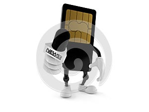 SIM card character holding interview microphone