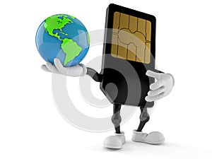 SIM card character holding world globe