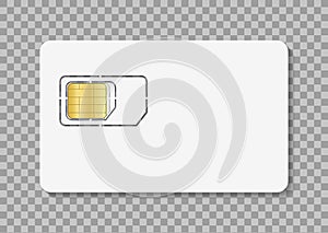 Sim card. Icon of simcard for mobile phone. Nano, micro sim with chip of identity. White mockup isolated on transparent background