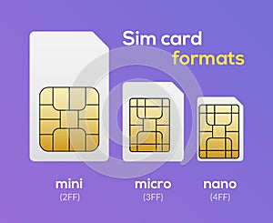 Sim card nano chip, micro simcard isolated mini size vector icon