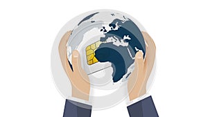 Sim card with rotating globe in human hands - concept of connection between people