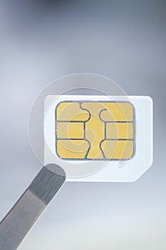 Sim card for smart mobile phone with tweezer, close up