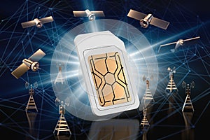 Sim card surrounded by high speed network data transfer nodes. Blurry closeup shot. Fast mobile internet technology concept. 3D