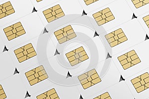 SIM cards arranged in a row. 3D rendering illustration