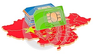 Sim cards on the Chinese map. Mobile communications, roaming in China, concept. 3D rendering