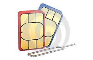 SIM cards with eject pin for mobile phone, 3D rendering photo