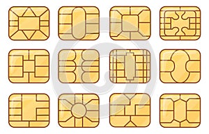 Sim emv chip. Credit card or nfc chips closeup symbol design, atm microchip secure module global banking gsm buying photo