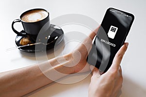 SIM locked message on mobile phone screen. Communication concept.