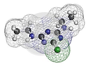 Simazine herbicide molecule. 3D rendering. Atoms are represented as spheres with conventional color coding: hydrogen white,.