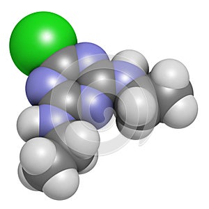 Simazine herbicide molecule. 3D rendering. Atoms are represented as spheres with conventional color coding: hydrogen (white),