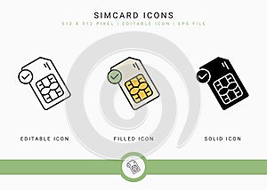 Simcard icons set vector illustration with solid icon line style. Phone chip concept.