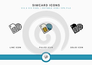 Simcard icons set vector illustration with solid icon line style. Phone nano chip concept.
