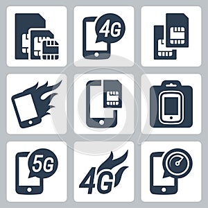 Simcards, 4g, 5g and mobile communication related icons